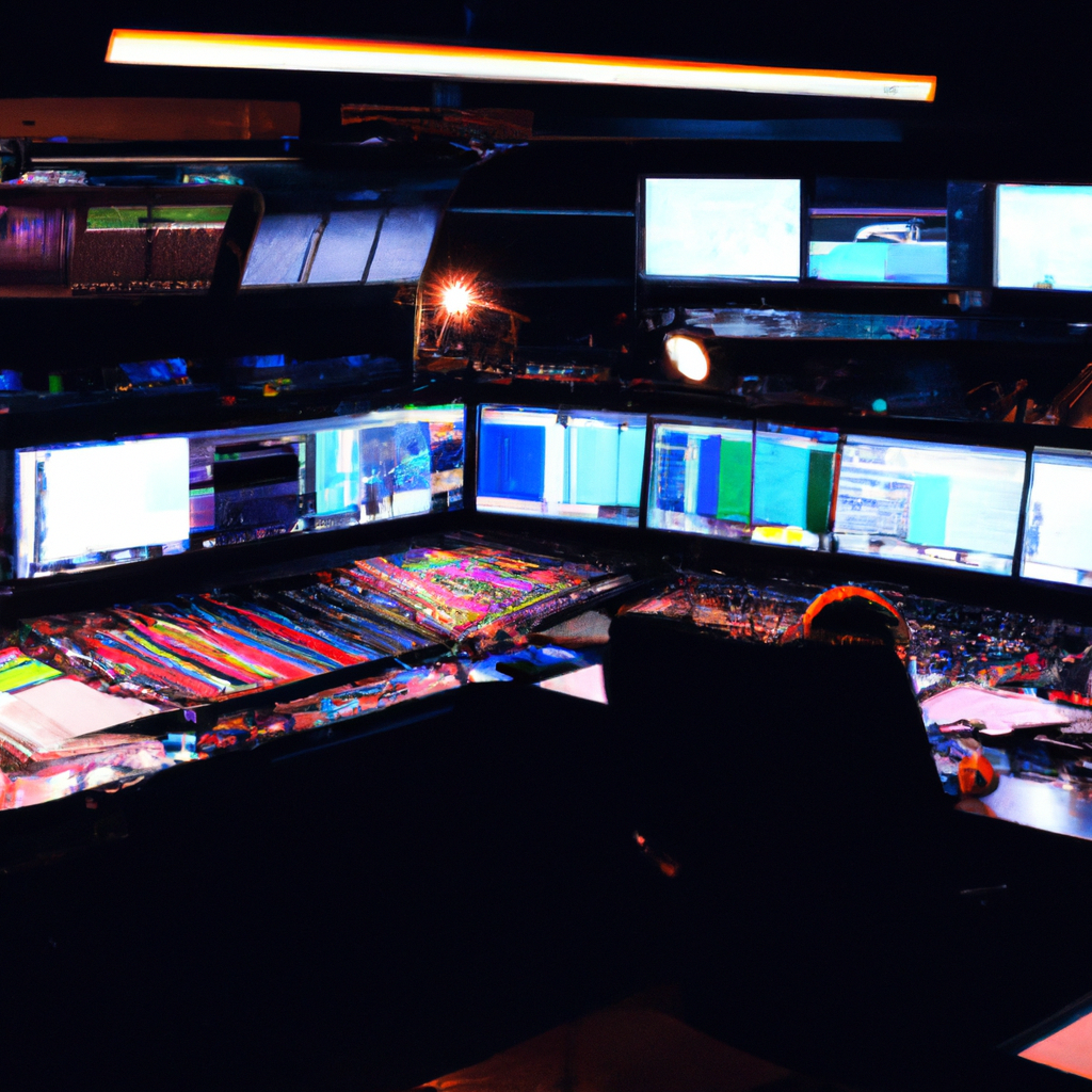 Control room with multiview monitors and an engineer mixing live news broadcast in Canada