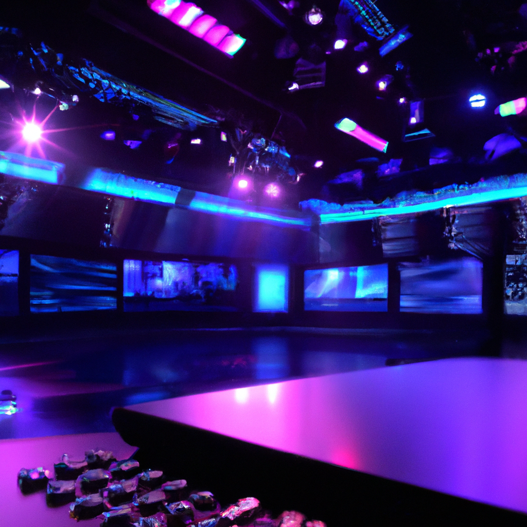 High-end Canadian broadcast studio with LED video wall, cinematic blue and pink glow and reflective floor