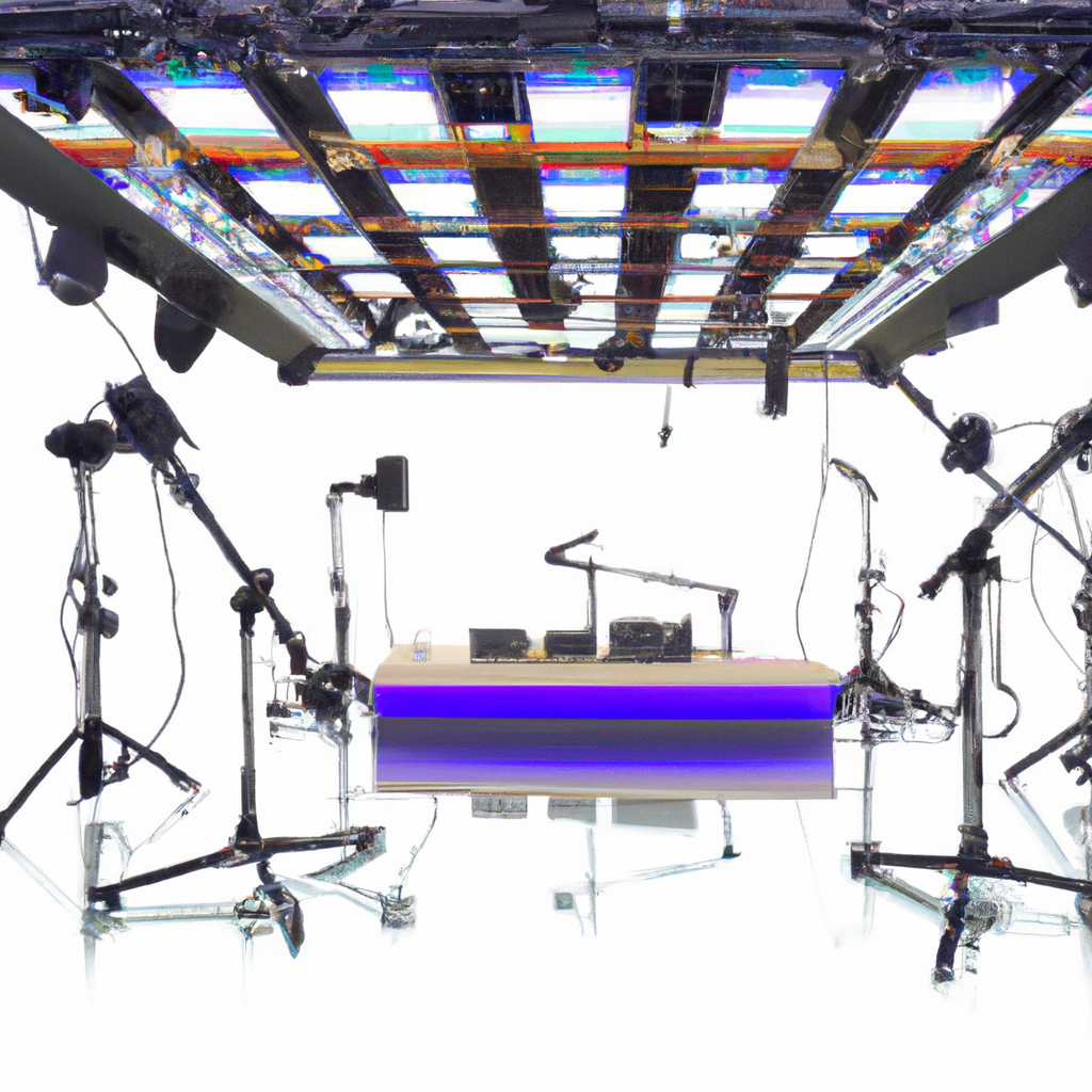 Modern minimalist broadcast news studio with LED key lighting, cameras, and acoustic glass panels