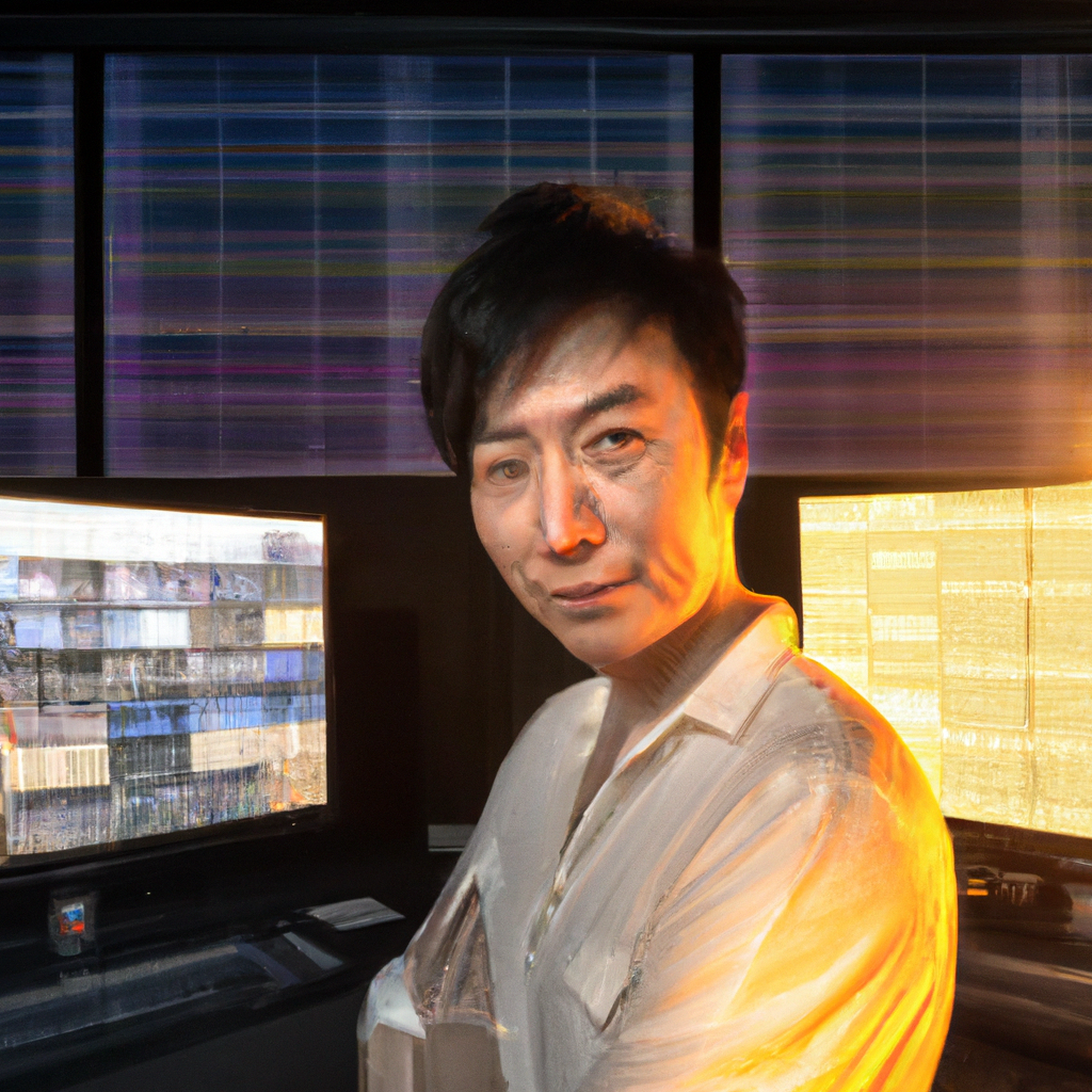 Portrait of Ava Chen, Creative Director, in a news studio with moodboard monitors